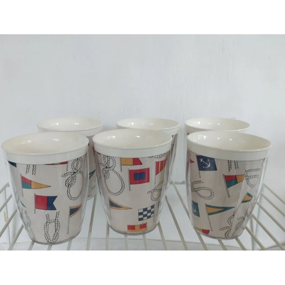 1960s Nautical Theme Insulated Plastic Cups Boat Flags & Knots set of 6